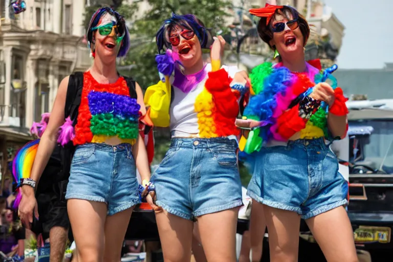 Prompt: bert and ernie in the gay parade wearing short shorts and croptops