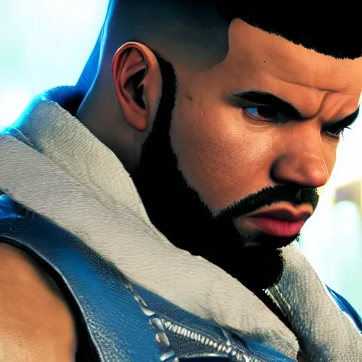 Image similar to a videogame still of Drake in Tekken 7, portrait, 40mm lens, shallow depth of field, close up, split lighting, cinematic