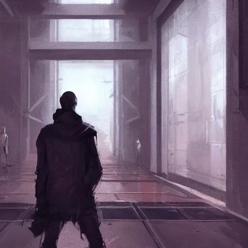 Image similar to concept art by greg rutkowski, a very tall and slender young man, dressed in patient clothes and an open sweatshirt, wandering through the desolate, futuristic, brutalist interior of a space colony, depressing atmosphere, low lighting, scifi, highly detailed portrait, digital painting, artstation, concept art, smooth, sharp foccus ilustration, artstation hq