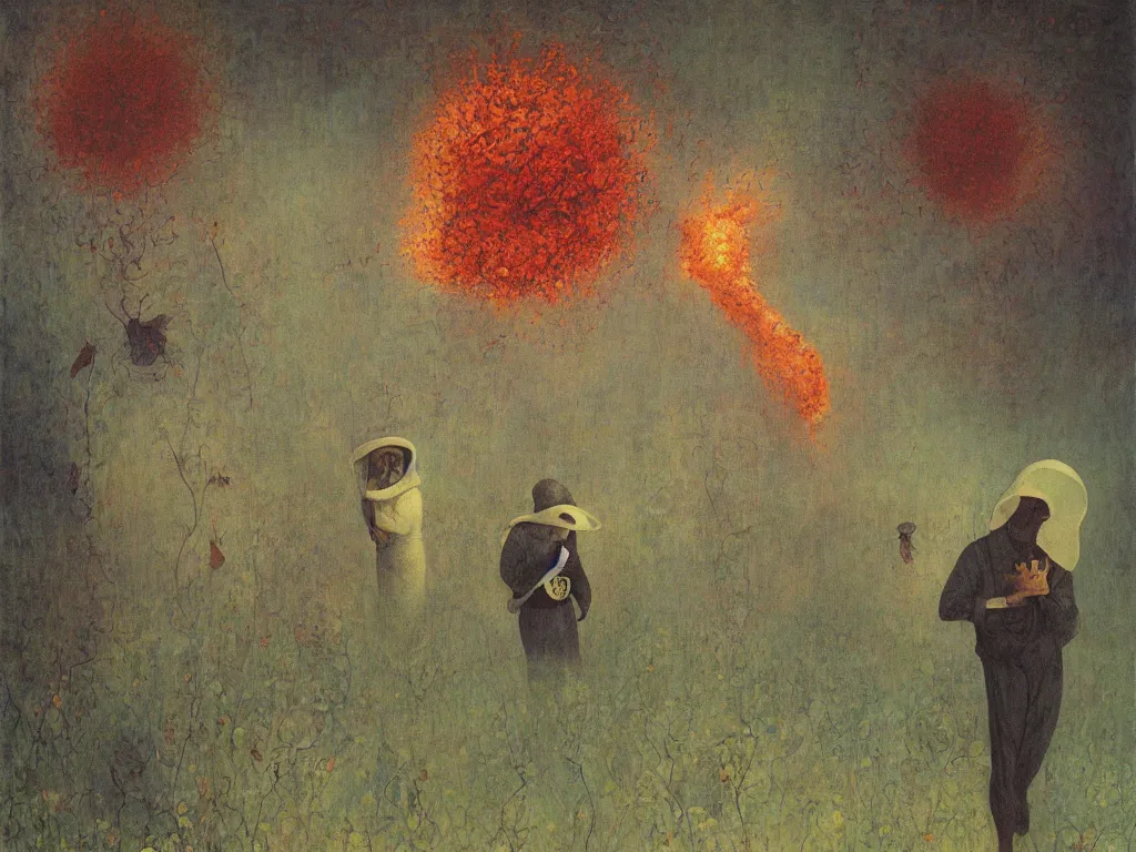 Image similar to man in white beekeeper suit with burning rose garden and small devil creatures. painting by mikalojus konstantinas ciurlionis, bosch, wayne barlowe, agnes pelton, rene magritte