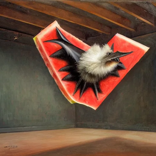 Prompt: realistic fluffy bat falls from the ceiling to eat a triangle slice of watermelon in the museum, highly detailed, sharp focus, oil painting, artwork by Victor Adame Minguez + Lovell + Sandro Botticelli