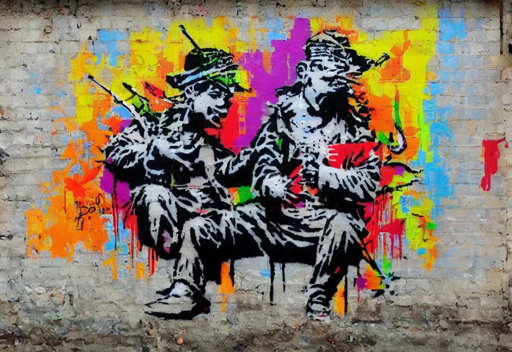Image similar to full color banksy graffiti anti art, rage against the status quo, detailed, realistic, glitch art effect