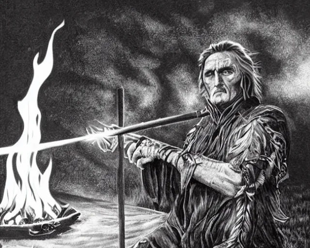 Prompt: dennis hopper as a powerful fire mage casting a flame spell, fantasy art, extremely detailed, high quality, award - winning,