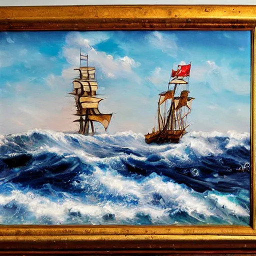 Prompt: pirate ship at sea, rolling waves, masterful oil painting