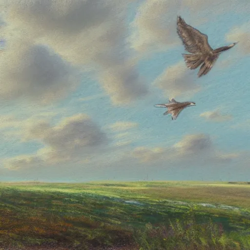 Prompt: a pastel painting of a flock of common swift flying over fields, oceans, and forests