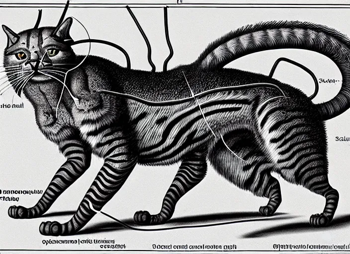 Image similar to scientific illustration of giant cat monster with electric organs and stinger tail, detailed anatomy, extensive physiology