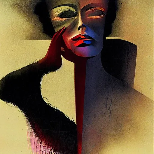 Image similar to A woman is drinking her shadow, expressionist, sharp colors, by Dave McKean