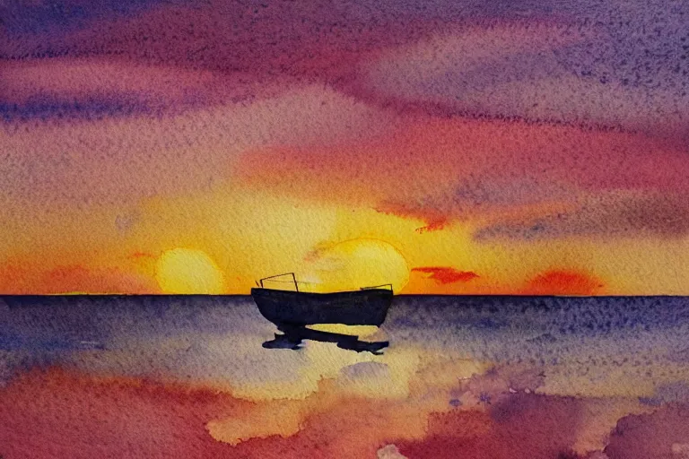 Prompt: Watercolor illustration of a boat against the sunset