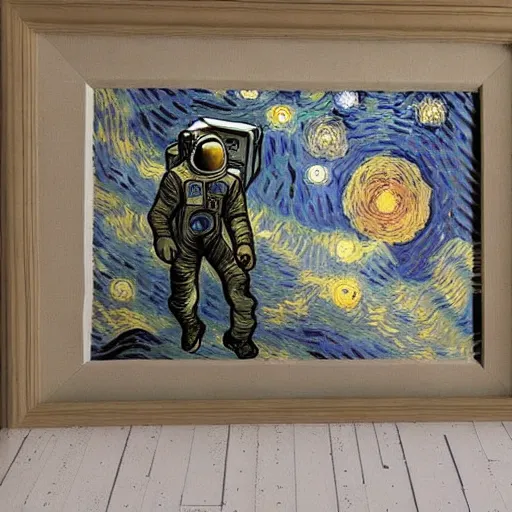 Image similar to Astronaut Lonely in the Galaxy - a painting by Van Gogh. very beautiful, HD detailed. Sad lighting, miserable emotions. The Astronaut is lost in the Galaxy.