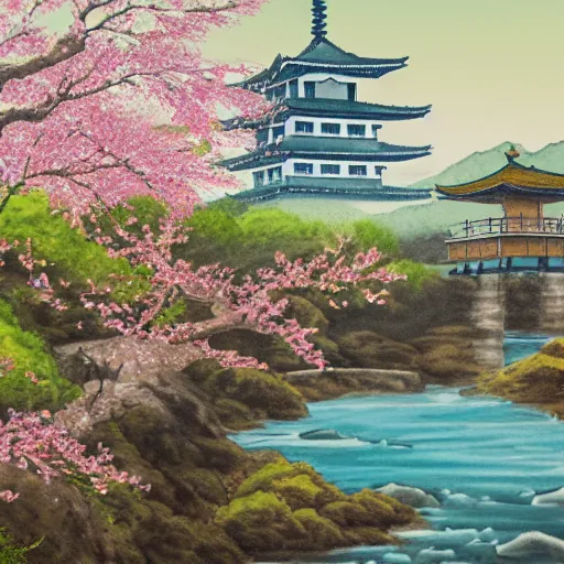 Prompt: water painting of a Japanese pagoda and a bridge over a stream with cherry blossom all around