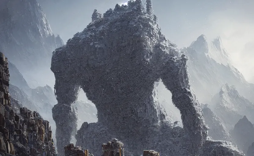 Prompt: a colossus made from transparent crystals, high in the mountains, greg rutkowski, 8 k, shallow depth of field, intricate detail, concept art,