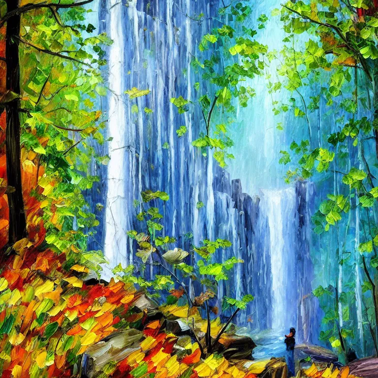 Image similar to A beautiful oil painting of a very tall waterfall on a very rocky cliff, in the middle of a huge forest of trees with bright blue glowing leaves, by Afremov