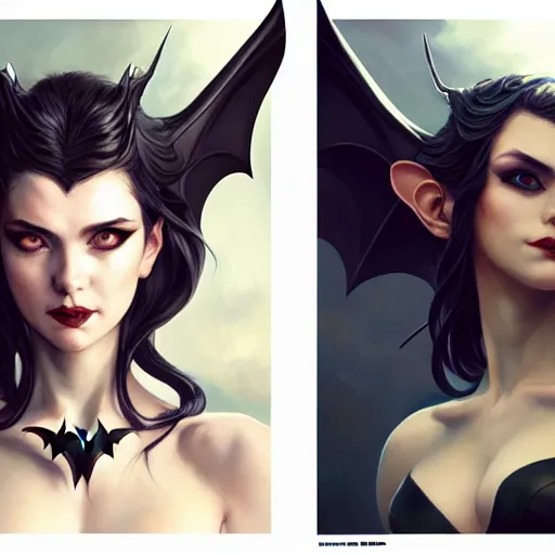 Image similar to 3 / 4 view of a portrait of bat woman with bat wings, confident pose, pixie, genshin impact,, intricate, elegant, sharp focus, illustration, highly detailed, concept art, matte, trending on artstation, anime, art by wlop and artgerm and greg rutkowski, h 6 4 0