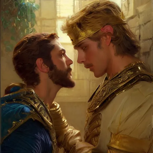 Image similar to attractive fully clothed king confesses his love for his attractive fully clothed male prince. highly detailed painting by gaston bussiere, craig mullins, j. c. leyendecker 8 k