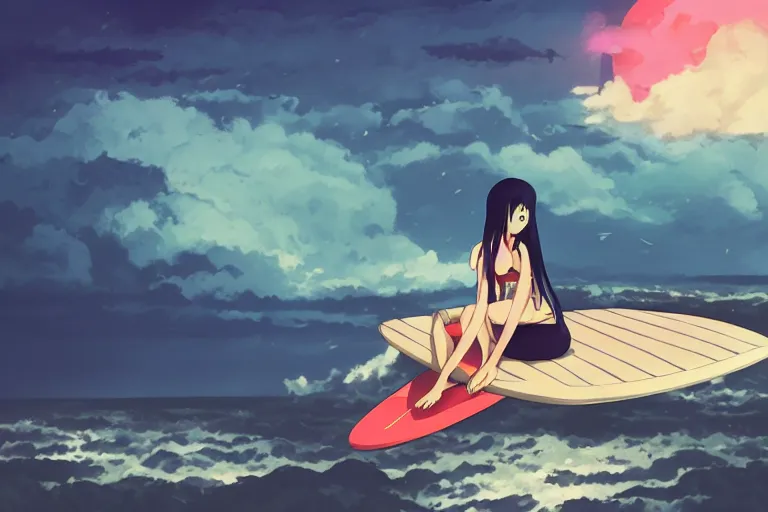 Image similar to anime woman sitting on surf board, tropical island, night time, storm in distance, wide angle, by studio ghibli, yuumei, anime, hazy, foggy, ambient lighting, cottagecore,