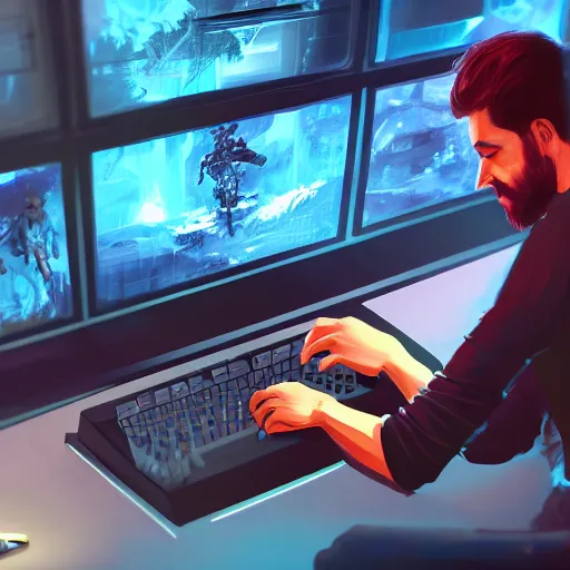 Prompt: realistic successful man typing on laptop in gaming room, artstation trends, future concept art, highly detailed, intricate, sharp focus, digital art, 8 k