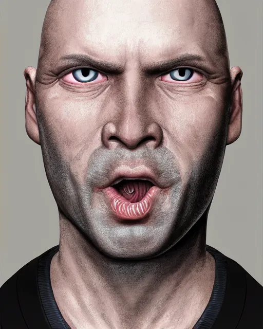 Image similar to portrait of a 4 0 - year - old bald man, with a white complexion, wide, cat - like scarlet eyes, a nose flat like a snake's nose, and a thin mouth, wearing in black clothes, hyper realistic face, beautiful eyes, character art, art by mark brooks, hyperdetailed, cryengine, trending on artstation, digital art