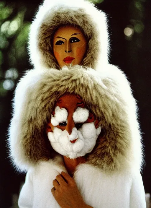 Image similar to 1 9 7 9 a italian movie still a set ordinary people wearing white cotton fur costumes with wooden detailed masks of birds in dark warm light, a character portrait by nadya rusheva, featured on cg society, neo - fauvism, movie still, 8 k, fauvism, cinestill, bokeh, gelios lens