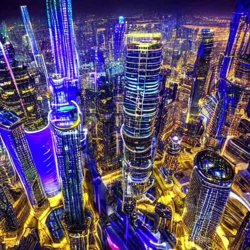 Prompt: helicopter view of futuristic city at night neon lights very tall highrises sci-fi flying cars