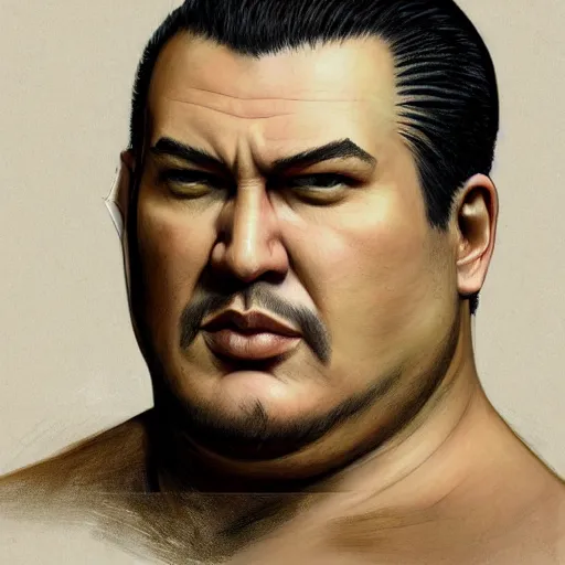 Image similar to tattoo design, a professional painting of a beautiful young obese steven seagal, partially clothed in battle armor, olive skin, long dark hair, beautiful bone structure, symmetrical facial features, intricate, elegant, digital painting, concept art, smooth, sharp focus, illustration, from Metal Gear, by Ruan Jia and Mandy Jurgens and Greg Rutkowski and Artgerm and William-Adolphe Bouguerea and artgerm, cat girl, anime