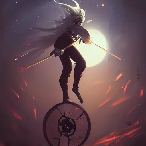 Image similar to a super cute demon riding a unicycle, anime, manga, kawaii, magical world, by greg rutkowski, sung choi, photo realistic, 8 k, cinematic lighting, hd, atmospheric, hyperdetailed, trending on artstation, devainart, digital painting, glow effect