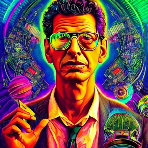 Prompt: Jeff Goldblum an extremely psychedelic experience, colorful, surreal, dramatic lighting, cosmonaut, LSD, face, detailed, intricate, elegant, highly detailed, digital painting, artstation, concept art, smooth, sharp focus, illustration, art by Sam Spratt, Dan Mumford, Artem Demura and Alphonse Mucha