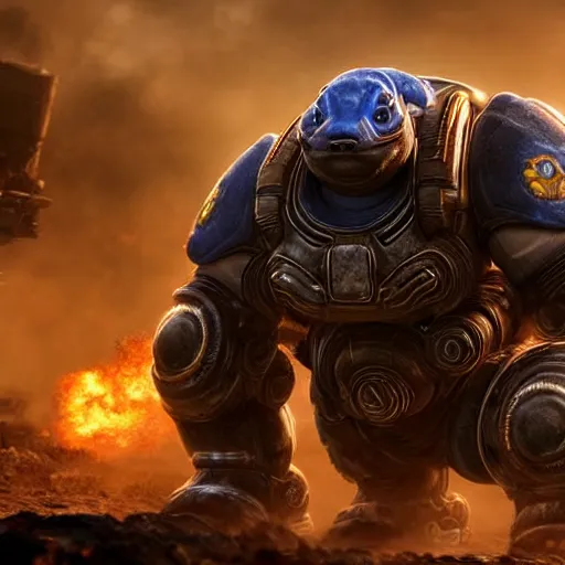 Image similar to a 'Blastoise Tank' in 'Gears of War', splash art, movie still, cinematic lighting, detailed face, dramatic, octane render, long lens, shallow depth of field, bokeh, anamorphic lens flare, 8k, hyper detailed, 35mm film grain