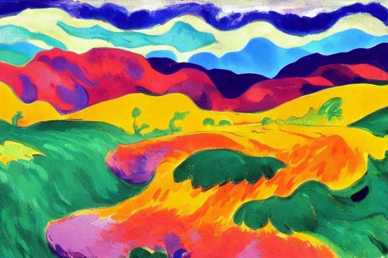 Prompt: Landscape painting. Wild energy patterns rippling in all directions. Curves, zig-zags. Organic. Mountains. Clouds. Vegetation. Rushing water. Waves. LSD. Fauvism. Emil Nolde. Matisse