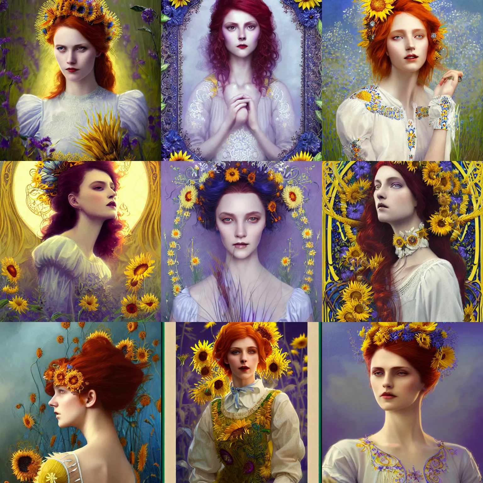 Prompt: redhead lady in white embroidered shirt, ukrainian national costume, filigree crown with blue and yellow textile sunflowers, wheat spikes and violets, intricate, elegant, digital painting, art nouveau, smooth, focus, rim light, charlie bowater, tom bagshaw, greg rutkowski