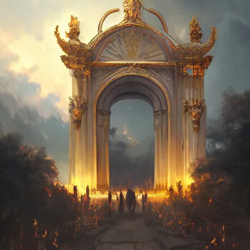 Image similar to gates of heaven, by greg rutkowski, sung choi, photo realistic, 8 k, cinematic lighting, hd, atmospheric, hyperdetailed, trending on artstation, devainart, digital painting, glow effect