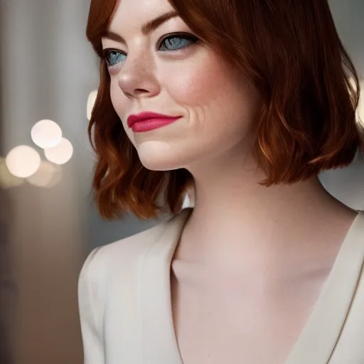Image similar to Emma Stone in Victoria Secret, XF IQ4, f/1.4, ISO 200, 1/160s, 8K, Sense of Depth, color and contrast corrected, Nvidia AI, Dolby Vision, symmetrical balance, in-frame