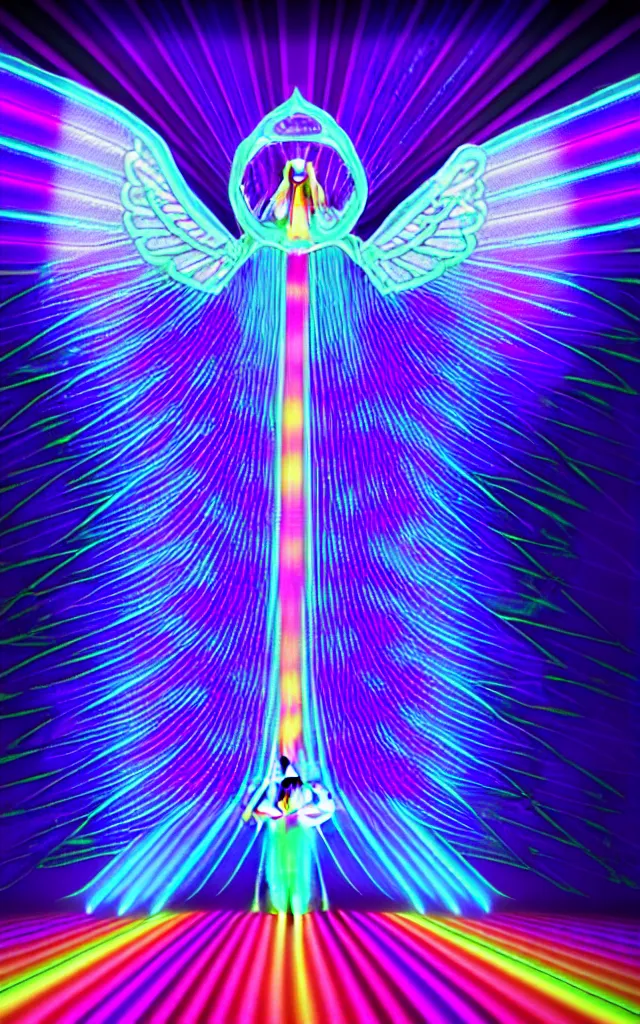 Prompt: blacklight neon fluorescent stained glass angel wings spread around 7 vertical chakras of light as brilliant suns in the 7 rainbow spectrum colors with rays of spiritual light shining through the stained glass angel wings, different inhabited world of space, stars and nebula and aurora, visionary art celestial spiritual, houdini unreal octane 8 k light caustics pathtracing raytraced