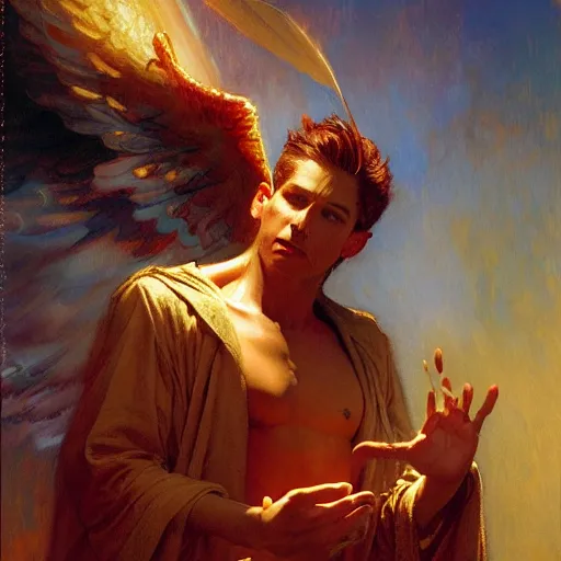 Prompt: attractive male lucifer morning star casting a spell summoning male demons. highly detailed painting by gaston bussiere, craig mullins, j. c. leyendecker, 8 k