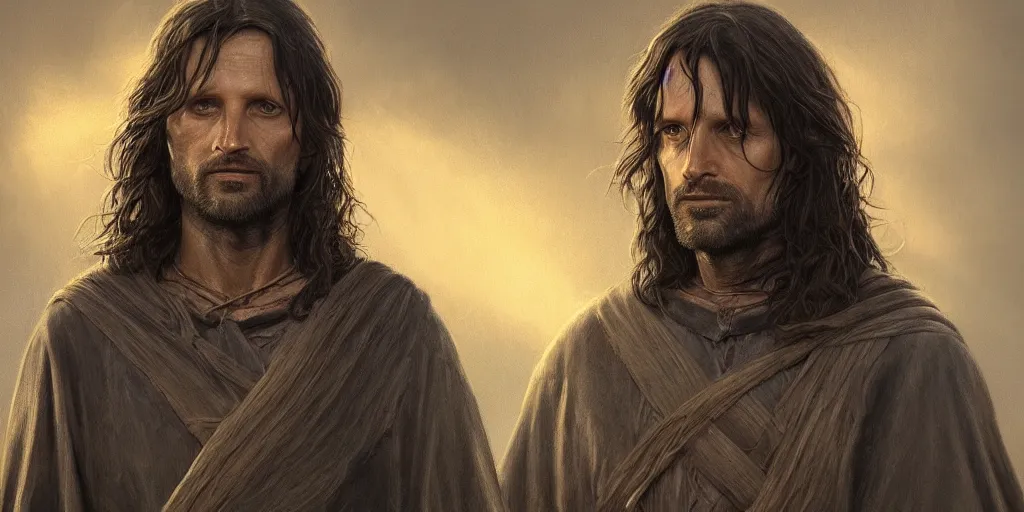 Prompt: Aragorn portrait, golden hour, rim lighting, detailed matte painting, cinematic, Alan Lee, Artstation