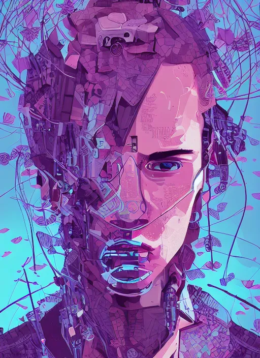 Image similar to portrait, cyberpunk hero, leaves by miyazaki, violet and pink and white palette, illustration, kenneth blom, mental alchemy, james jean, pablo amaringo, naudline pierre, contemporary art, hyper detailed