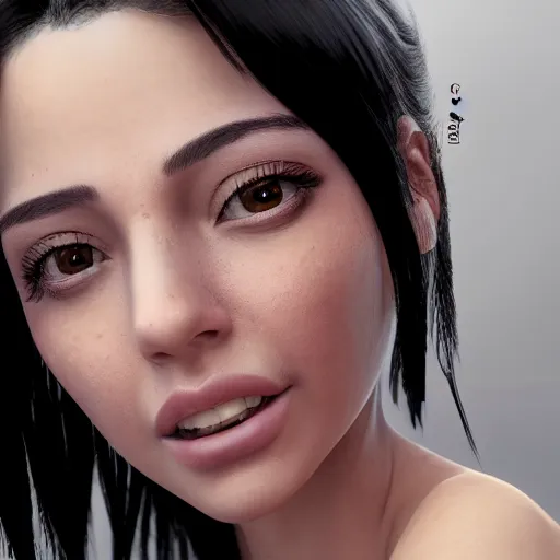 Image similar to the most beautiful woman in the world, in the style of julia razumova, beautiful, happy expression, cheery, unreal engine, octane rendering, 8 k, closeup headshot, smooth, trending on artstation, digital illustration, black hair