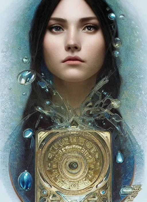 Image similar to portrait of a stunningly beautiful water drop, highly detailed, 3 5 mm photo, artstation, concept art, sharp focus, 2 8 mm macro photo, art by artgerm and greg rutkowski and alphonse mucha, incredibly beautiful and symmetrical, award winning art, royal