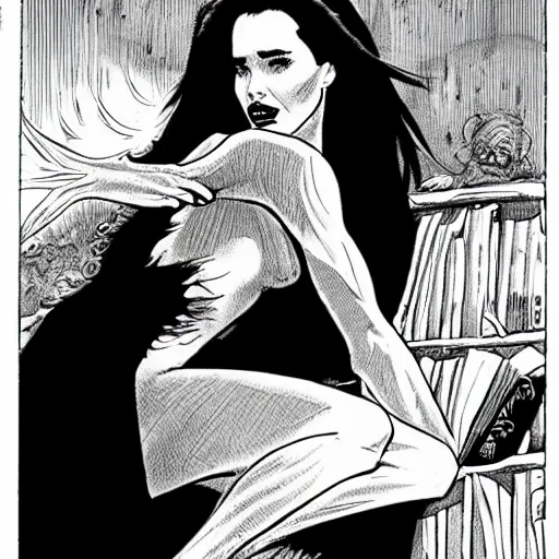 Prompt: young sad jennifer connelly as gothic dark fae disney villain with black feathers instead of hair, feathers growing out of skin, reading in library, pulp sci fi, mike mignola, comic book cover, vivid, beautiful, illustration, highly detailed