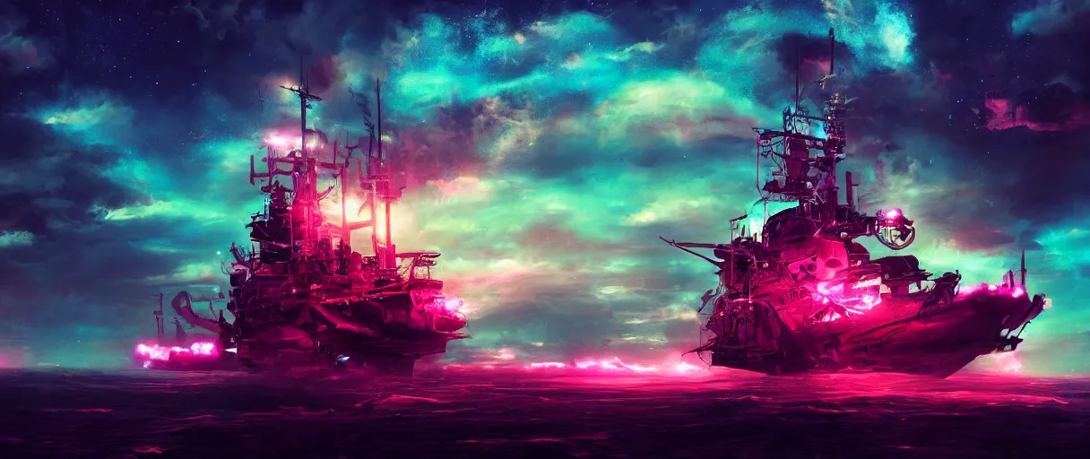 Prompt: mohawk, portrait big dark punk, space, hyperdetailed illustration, stars, pink, neon, oil painting, rich deep colors masterpiece, pirate neon ship, ultra detailed, contrast, heaven pink, clouds, volumetric light, atmospheric lighting, dramatic, cinematic, moody, octane render 4 k, 8 k