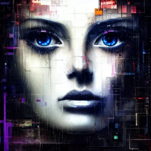 Prompt: hyperrealistic portrait of a young women with crystal eyes, by Guy Denning, by Johannes Itten, by Russ Mills, hacking effects, digital tech effects, cyberpunk, color blocking!, oil on canvas, intricate detail, concept art, abstract, detailed lines, clean, polished, symmetrical, octane, cgsociety, 8k, trending on artstation