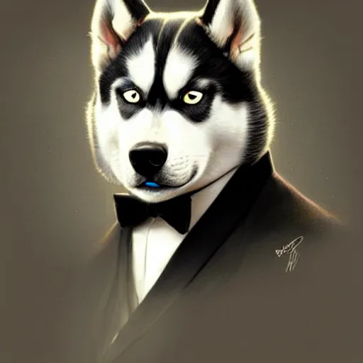 Image similar to beautiful detailed picture of a husky dressed in a tuxedo, intricate, elegant, highly detailed, my rendition, digital painting, artstation, concept art, smooth, sharp focus, illustration, art by artgerm and greg rutkowski and alphonse mucha