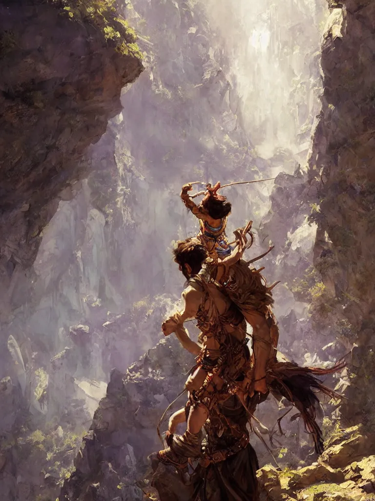 Image similar to oil art close - up portrait of one single young roma mage adventurer climbing down a cliffside in style of disco elysium character, gipsy jester character design from ravenloft, art by anders zorn, wonderful masterpiece by greg rutkowski, beautiful cinematic light, american romanticism by greg manchess, jessica rossier