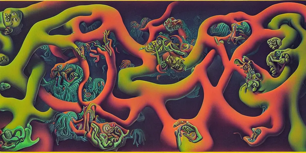 Prompt: basilisk, pain, pleasure, suffering, adventure, ( ( ( psychedelic dripping color ) ) ) love, abstract oil painting by mc escher and salvador dali gottfried helnwein