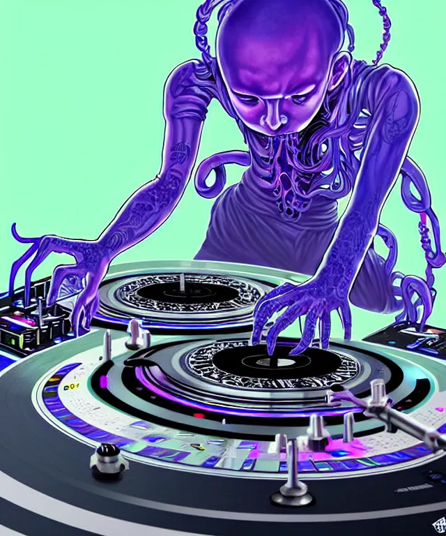 Image similar to a DJ with 8 arms, plays on 8 vinyl turntables at once, technics, Turntablist, hip-hop, rave, sci-fi, fire eyes, face, blue and purple hair, intricate, elegant, highly detailed, RayTracing, digital painting, artstation, concept art, smooth, sharp focus, illustration, art by artgerm and greg rutkowski and alphonse mucha