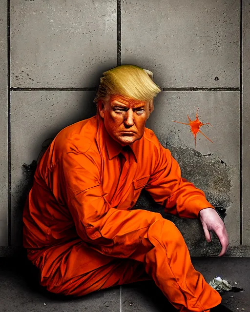 Image similar to a headshot portrait of Donald trump sitting on the floor of a filthy rat infested concrete jail, dimly lit, volumetric lighting, wearing a orange jumpsuit in jail by craig mullins, octane,