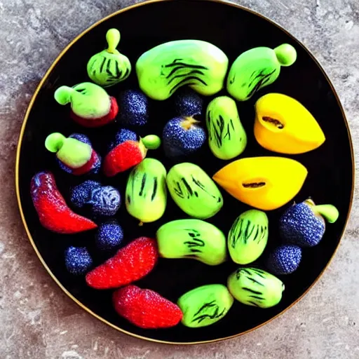 Image similar to a plate of alien fruits