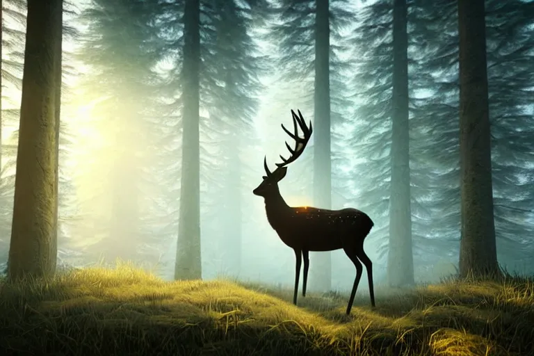 Prompt: a close up of the head of a deer with glowing eyes in the foreground, background of a landscape misty forest scene, the sun glistening through the trees, hyper realistic photograph, octane render 8k, trending on artstation, unreal engine