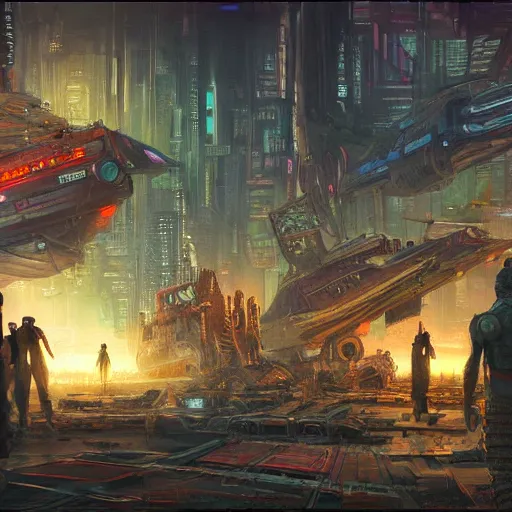 Prompt: cyberpunk scavengers and asian people collect valuable parts in a junkyard of old starships against the backdrop of a huge colossal star temple, concept art by john howe and hamish frater, artstation, glowing light, cinematic illustration 8 k