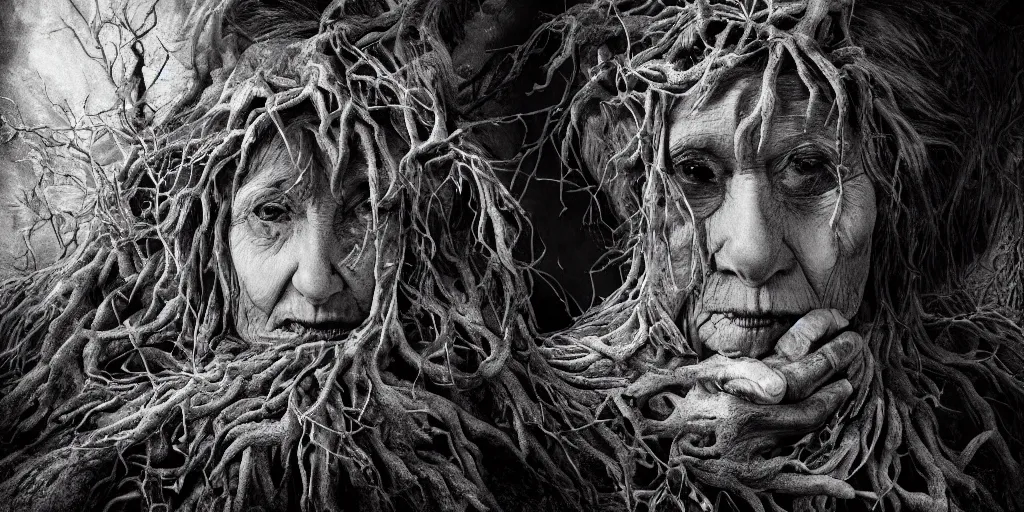 Image similar to photography of old ugly witch living in a root cave, edelweiss growing from her head, forest, dolomites, alpine, detailed intricate insanely detailed octane render, 8k artistic 1920s photography, photorealistic, black and white, chiaroscuro, hd, by David Cronenberg, Raphael, Caravaggio