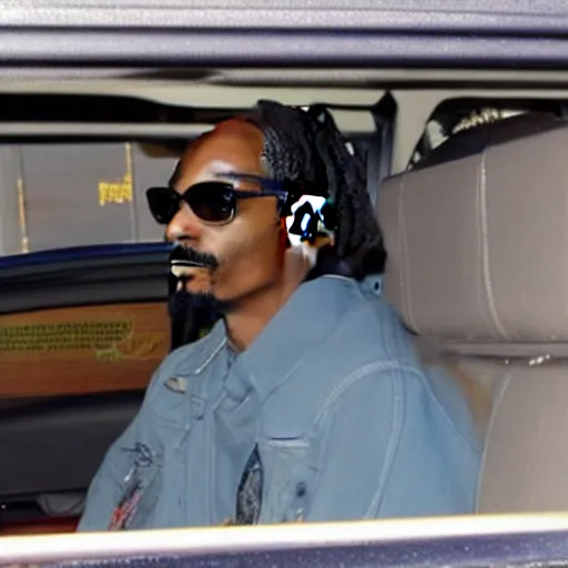 Image similar to Snoop Dogg is sitting in a police car wearing a cap C-11